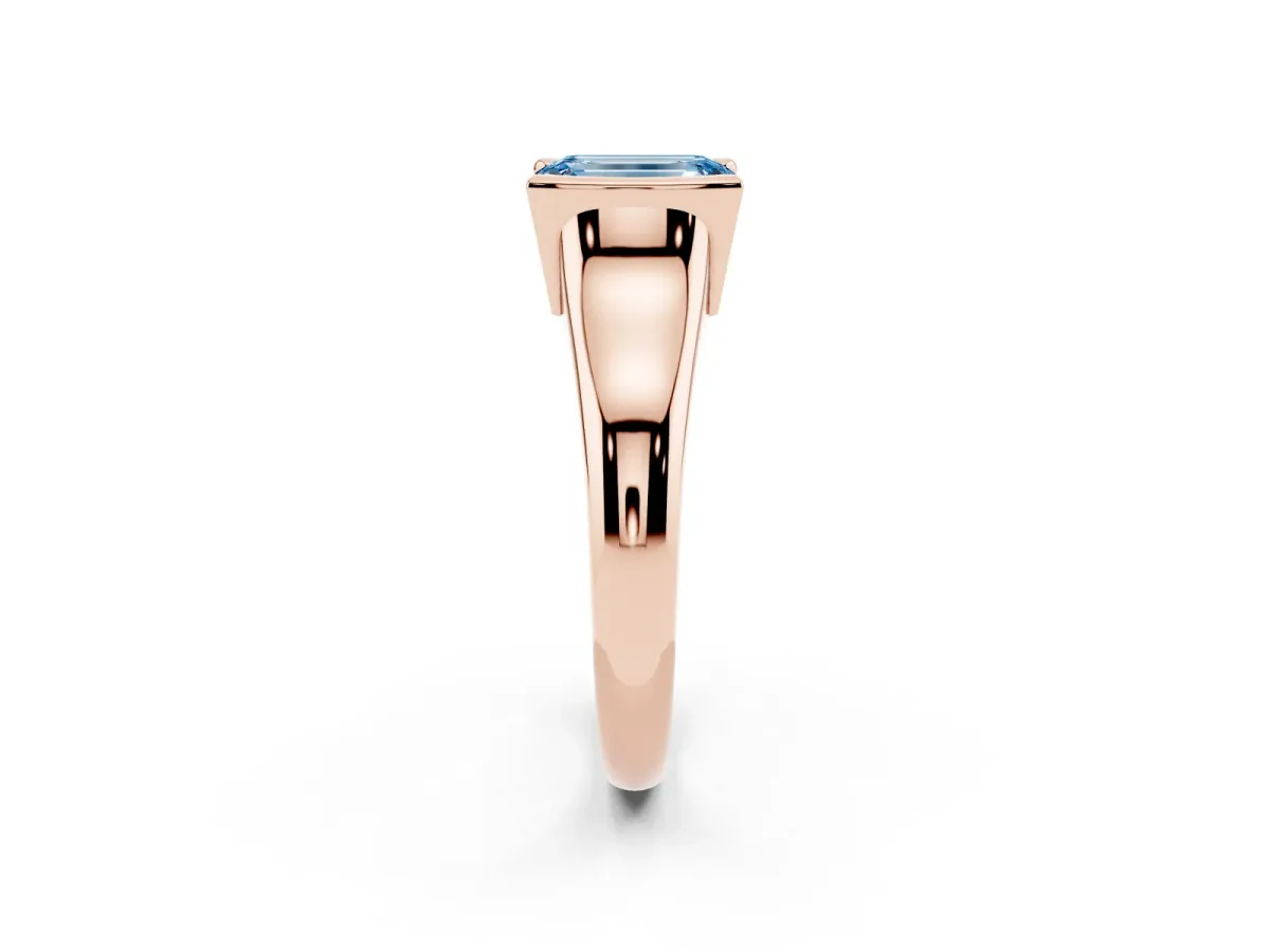Fancy Blue Emerald Cut Solitaire Tension Set Diamond Ring with Split Shank Band Rose gold