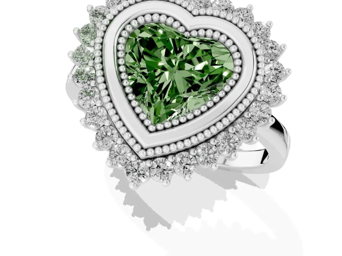 Fancy Green Heart Cut Halo Diamond Ring with Milgrain Edge and Round Prong Setting Silver