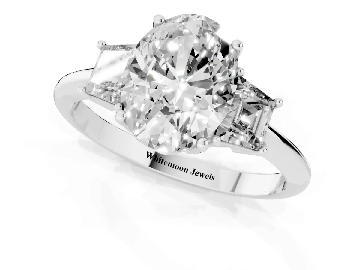 Oval Cut Diamond Three-Stone Ring with Trapezoid Side Stones and Prong Setting Platinum