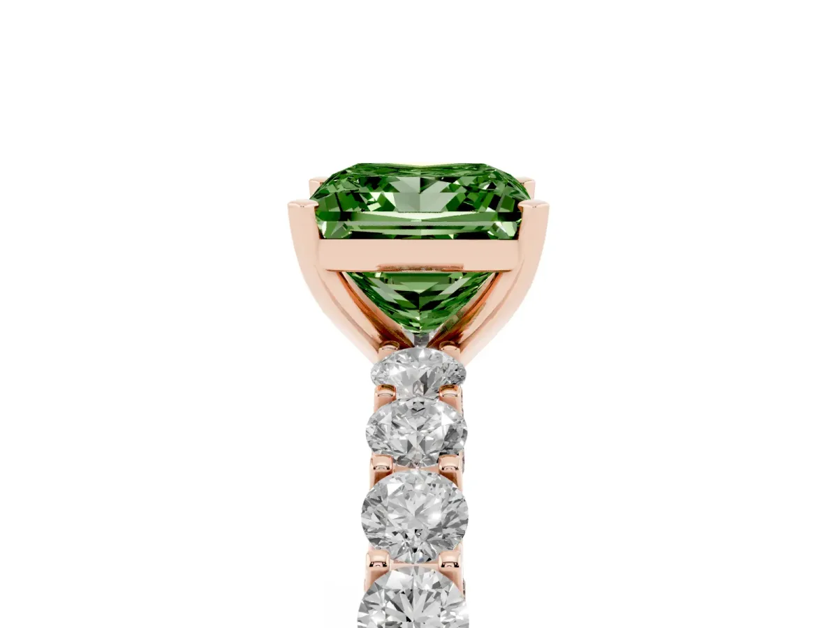 Fancy Green Princess Cut Diamond Solitaire Ring with Shared Prong Pavé Band and Four-Prong Setting Rose gold