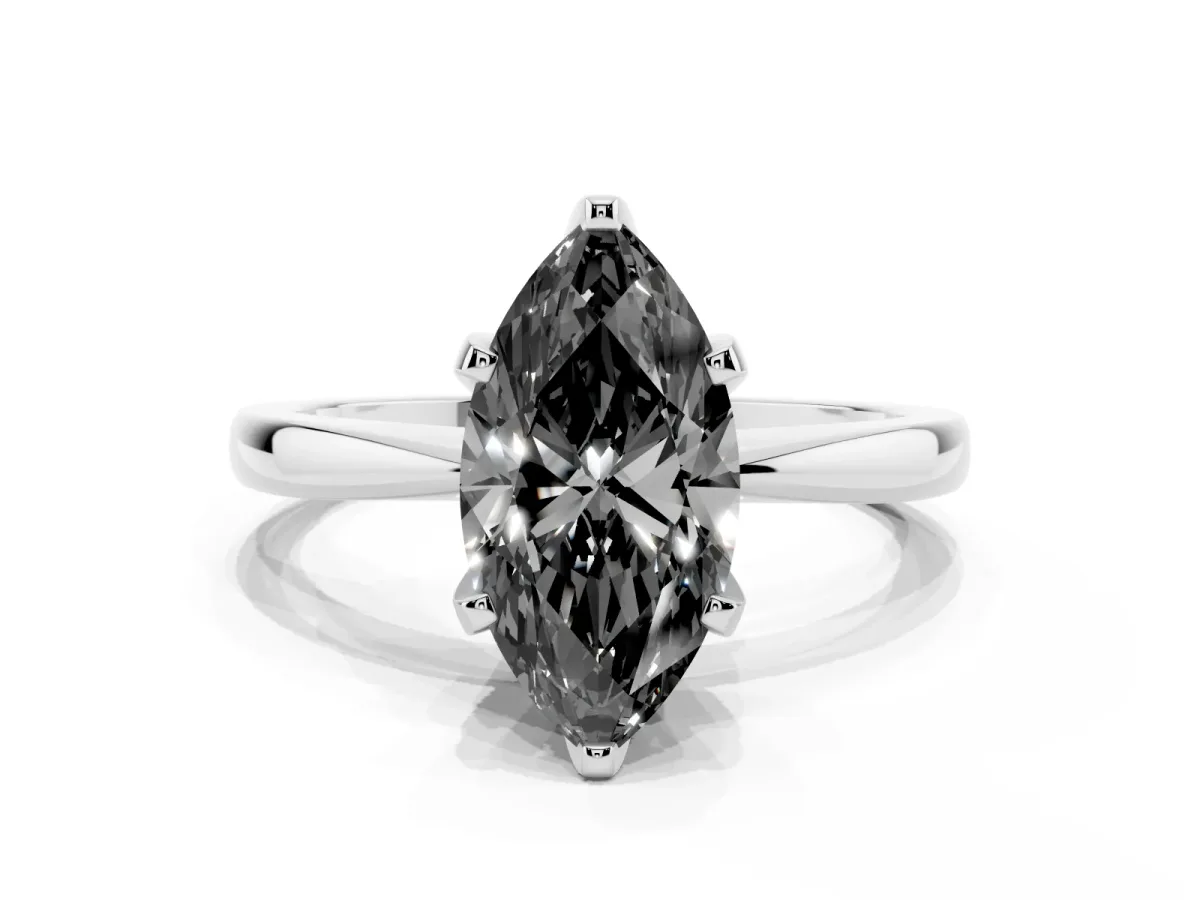 Fancy Black Marquise Cut Solitaire Engagement Ring with Six-Prong Setting and Tapered Band Platinum