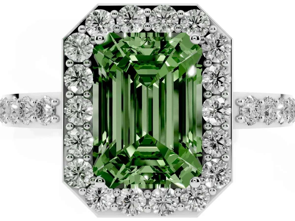Fancy Green Emerald Cut Halo Diamond Pavé Band Ring with Prong Setting Silver