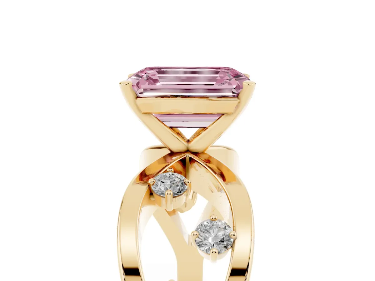 Fancy Pink Emerald Cut Cut Solitaire Diamond with Side Stones on Criss-Cross Band and Four-Prong Setting Yellow gold