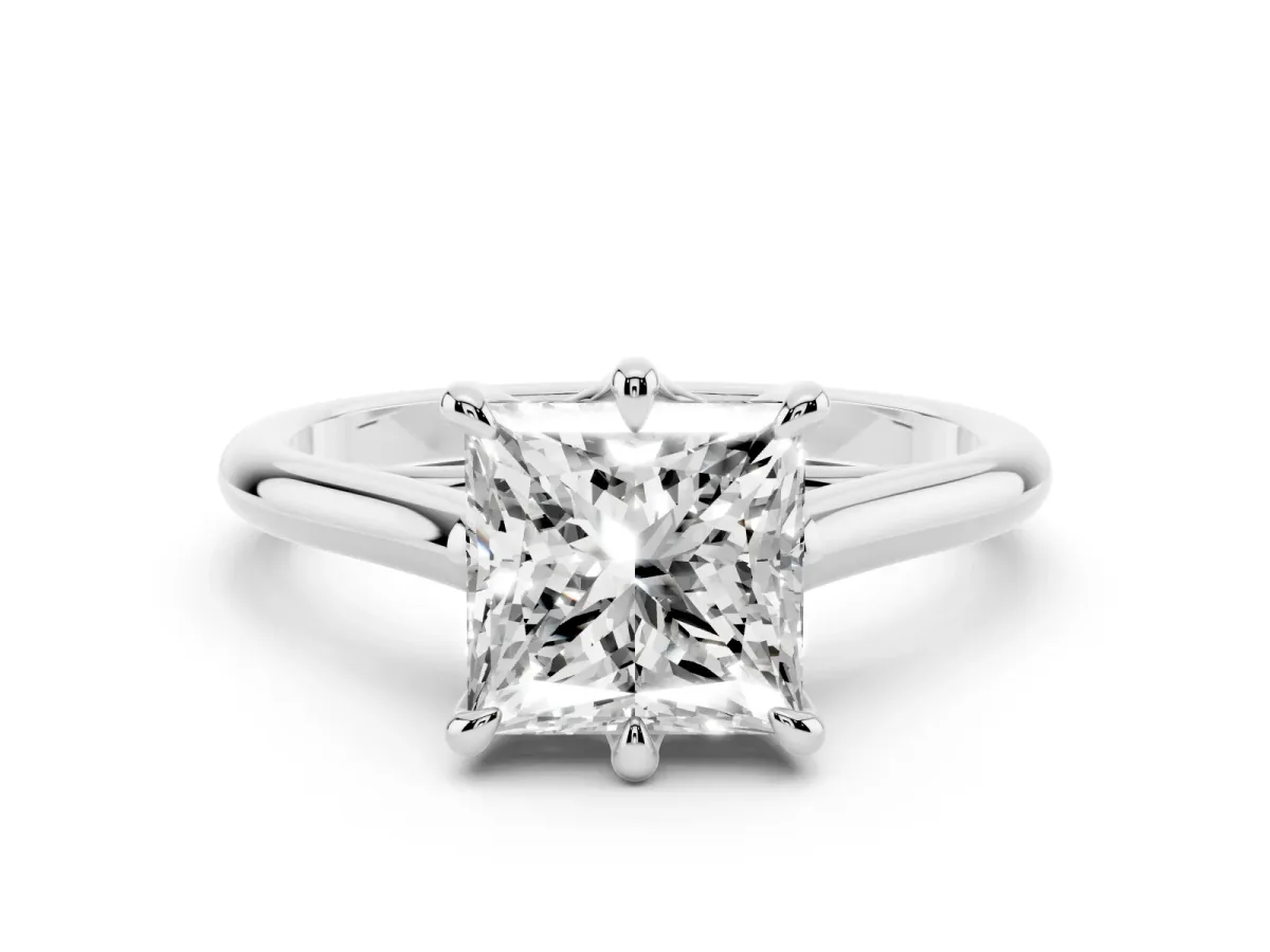 Princess Cut Solitaire Engagement Ring with Six-Prong Setting and Classic Band Silver