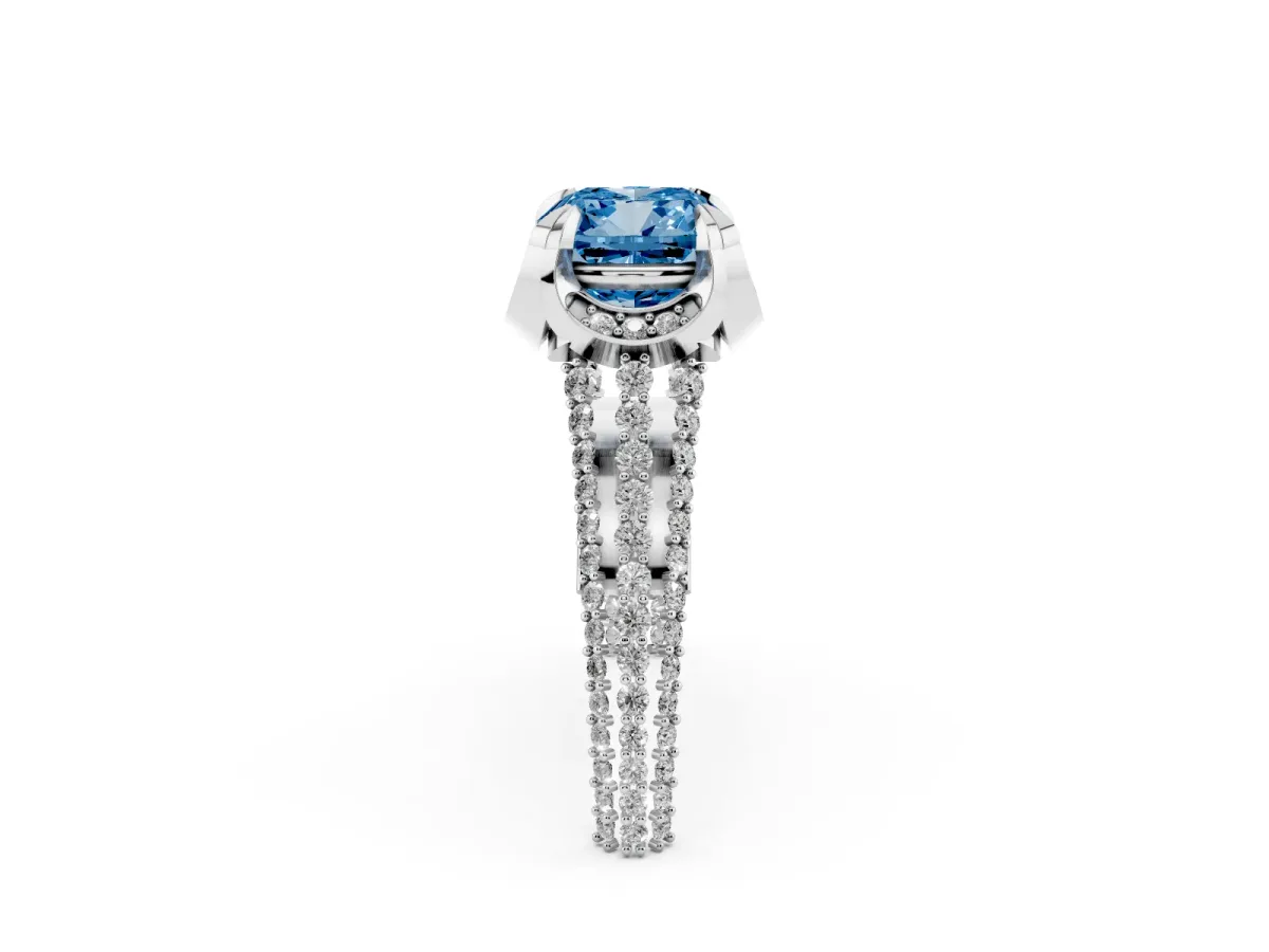 Fancy Blue Cushion Cut Solitaire Pave Split Shank Ring with Four-Prong Setting White gold