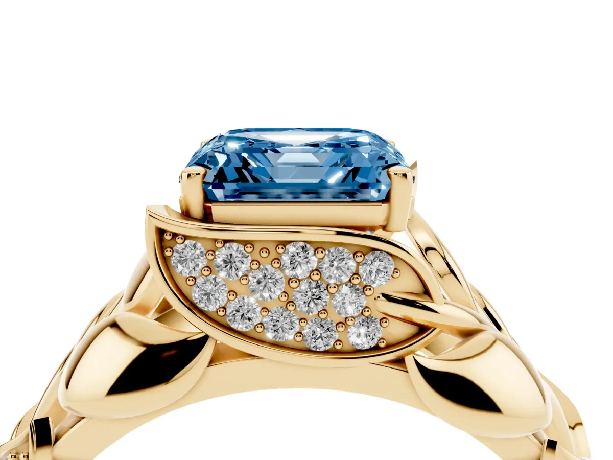 Fancy Blue Asscher Cut Diamond Leaf-Inspired Engagement Ring with Round Accents and Prong Setting Yellow gold
