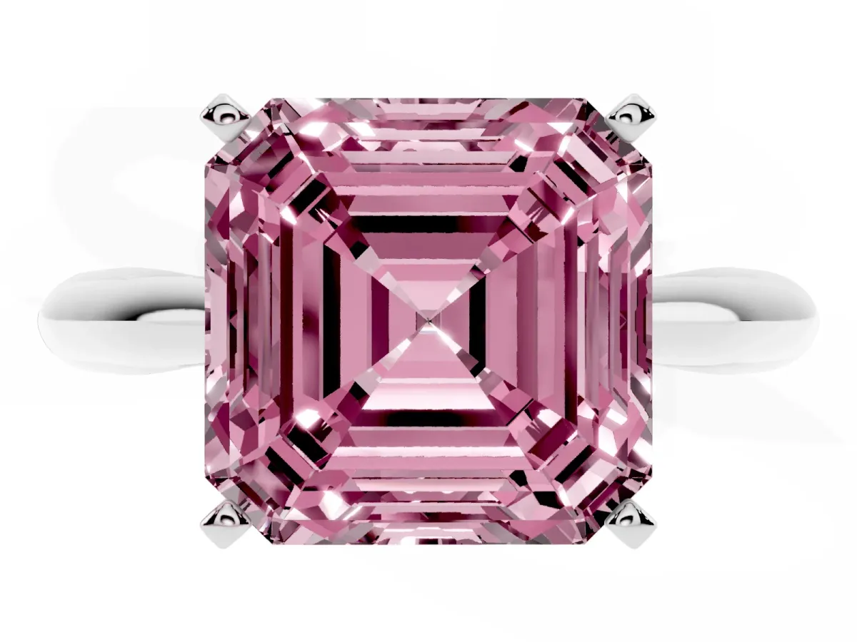 Fancy Pink Asscher Cut Diamond Solitaire Engagement Ring with Cathedral Setting and Four-Prong Mount Silver