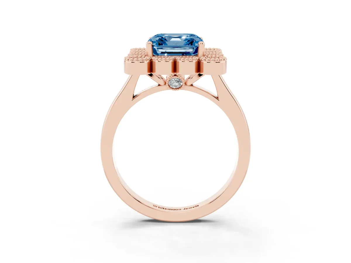 Fancy Blue Asscher Cut Halo Diamond Cluster Engagement Ring with Milgrain Bezel Setting and Solitaire Band Rose gold