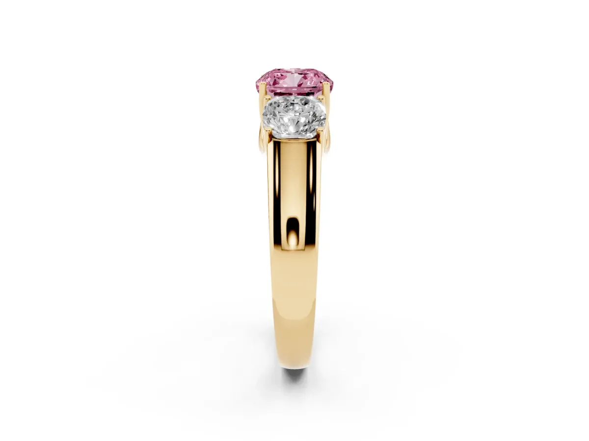 Fancy Pink Three-Stone Cushion Cut Cut Diamond Ring with Prong Setting and Classic Band Yellow gold