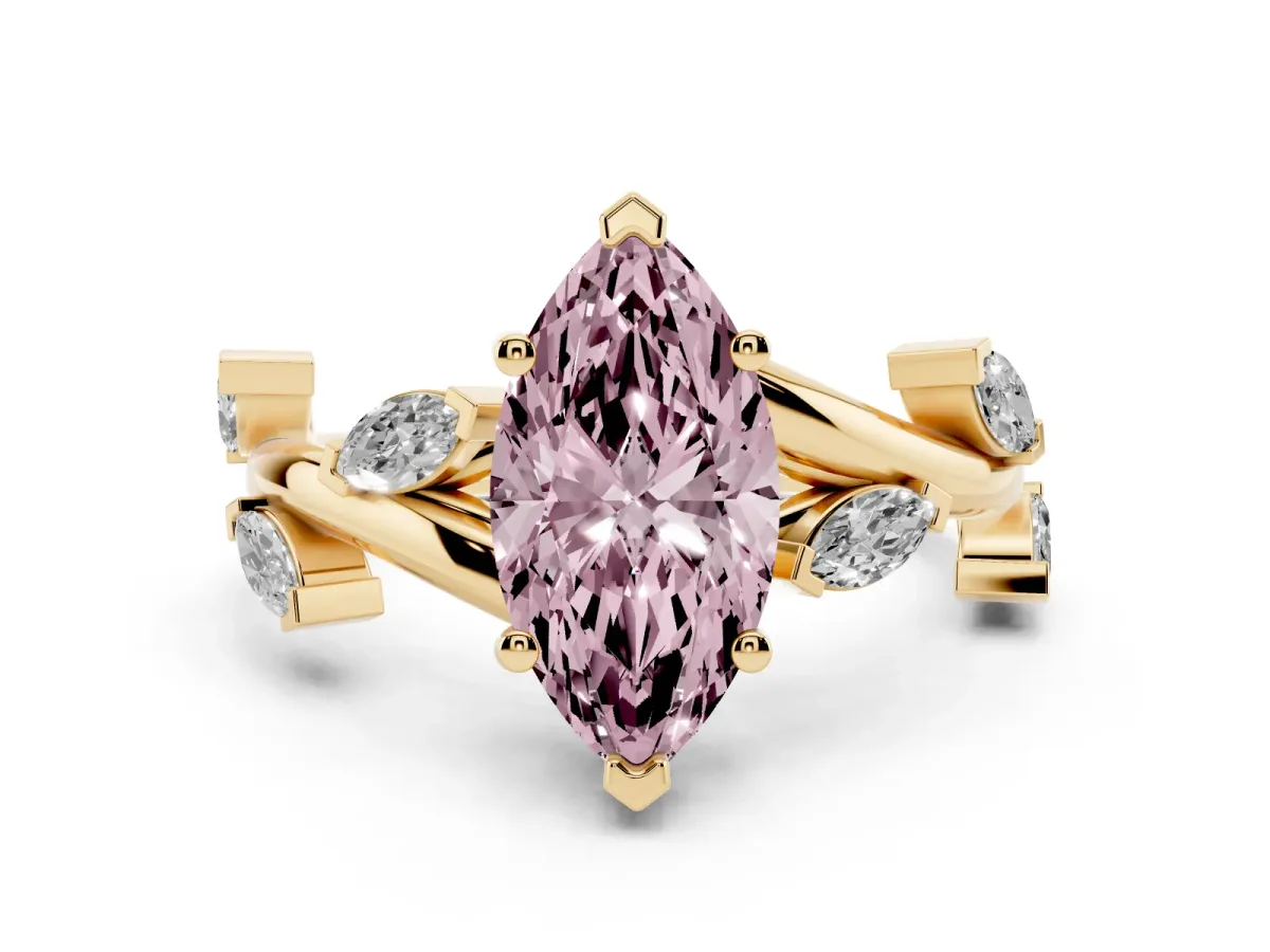 Fancy Pink Marquise Cut Solitaire Twisted Band Marquise Accent Prong Setting Ring Yellow gold