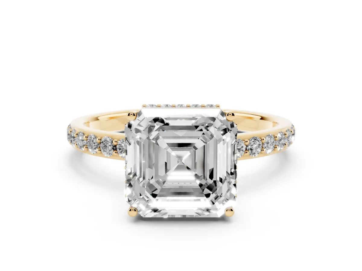 Asscher Cut Diamond Solitaire Ring with Pavé Band and Hidden Halo Yellow gold