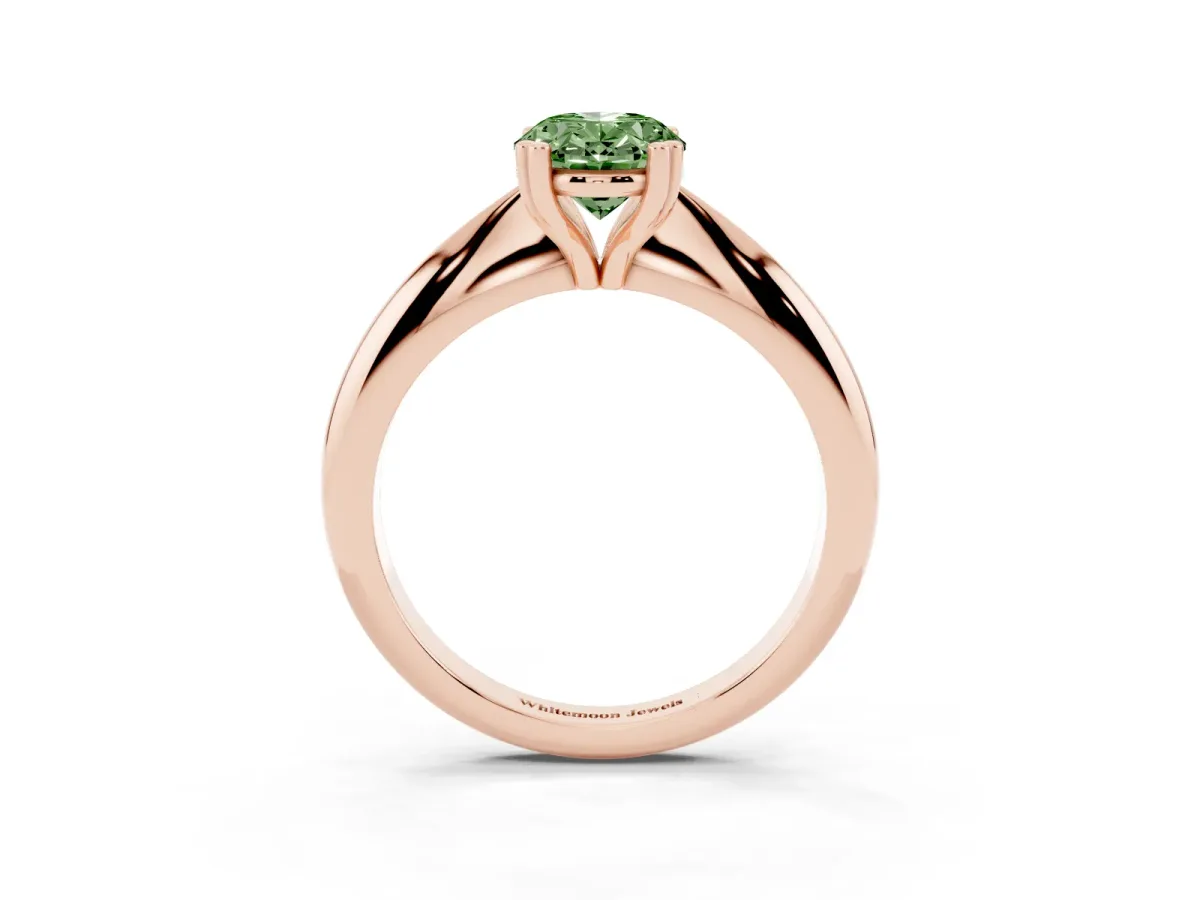 Fancy Green Oval Cut Cut Solitaire Engagement Ring with Tapered Band and Four-Prong Setting Rose gold