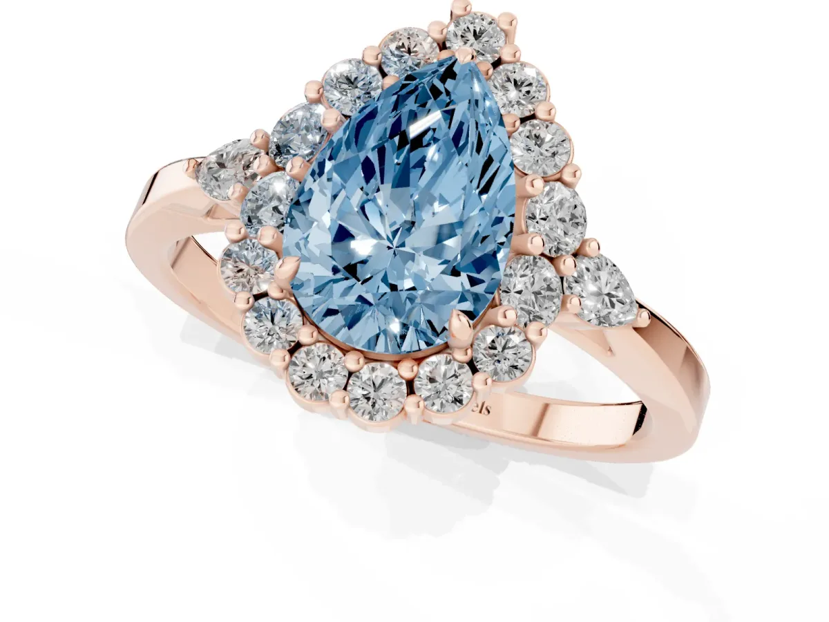 Fancy Blue Pear Cut Diamond Halo Ring with Pear Side Stones and Prong Setting Rose gold