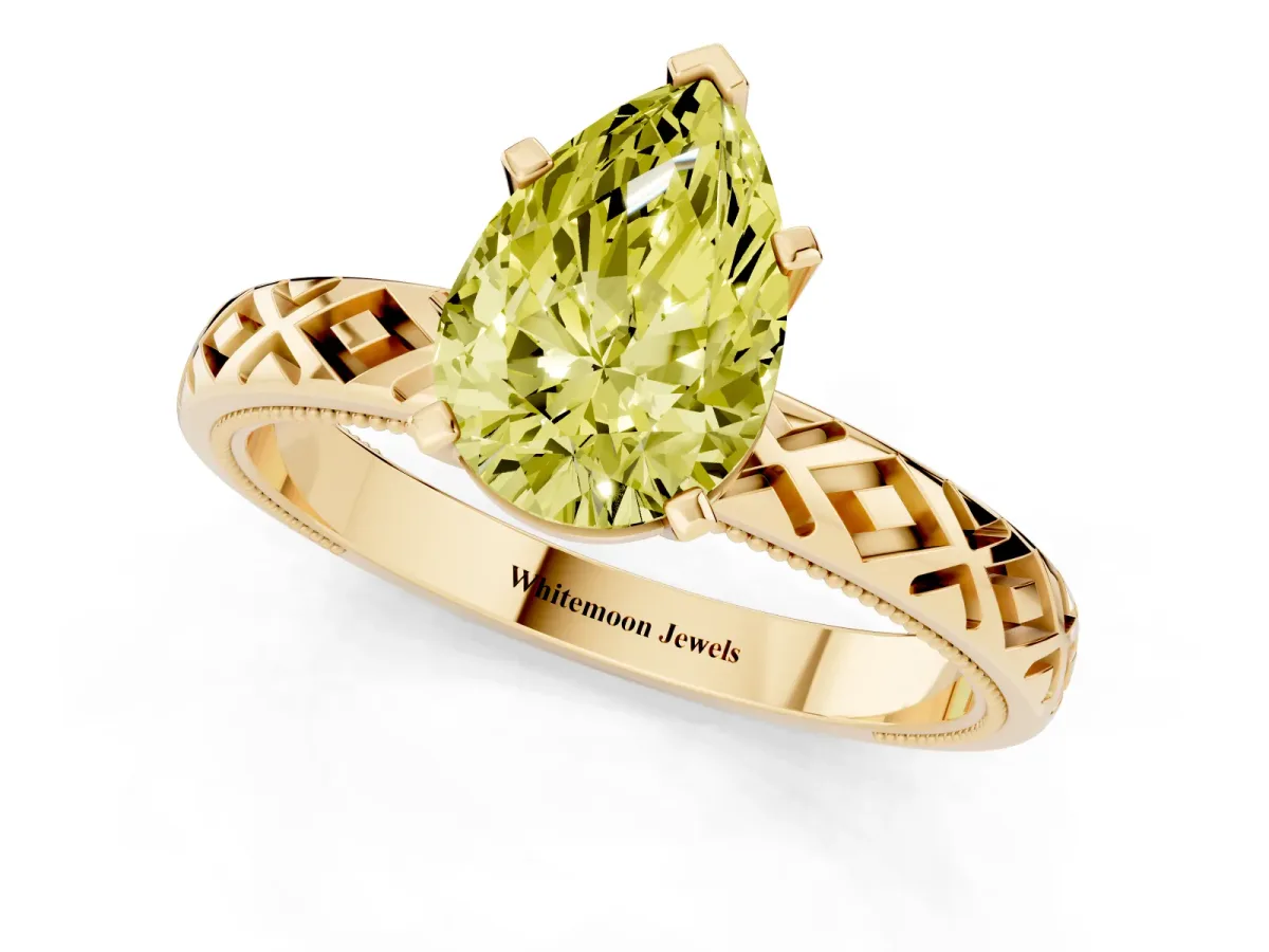 Fancy Yellow Pear Cut Solitaire Diamond Ring with Milgrain and Black Enamel X Pattern Band Yellow gold