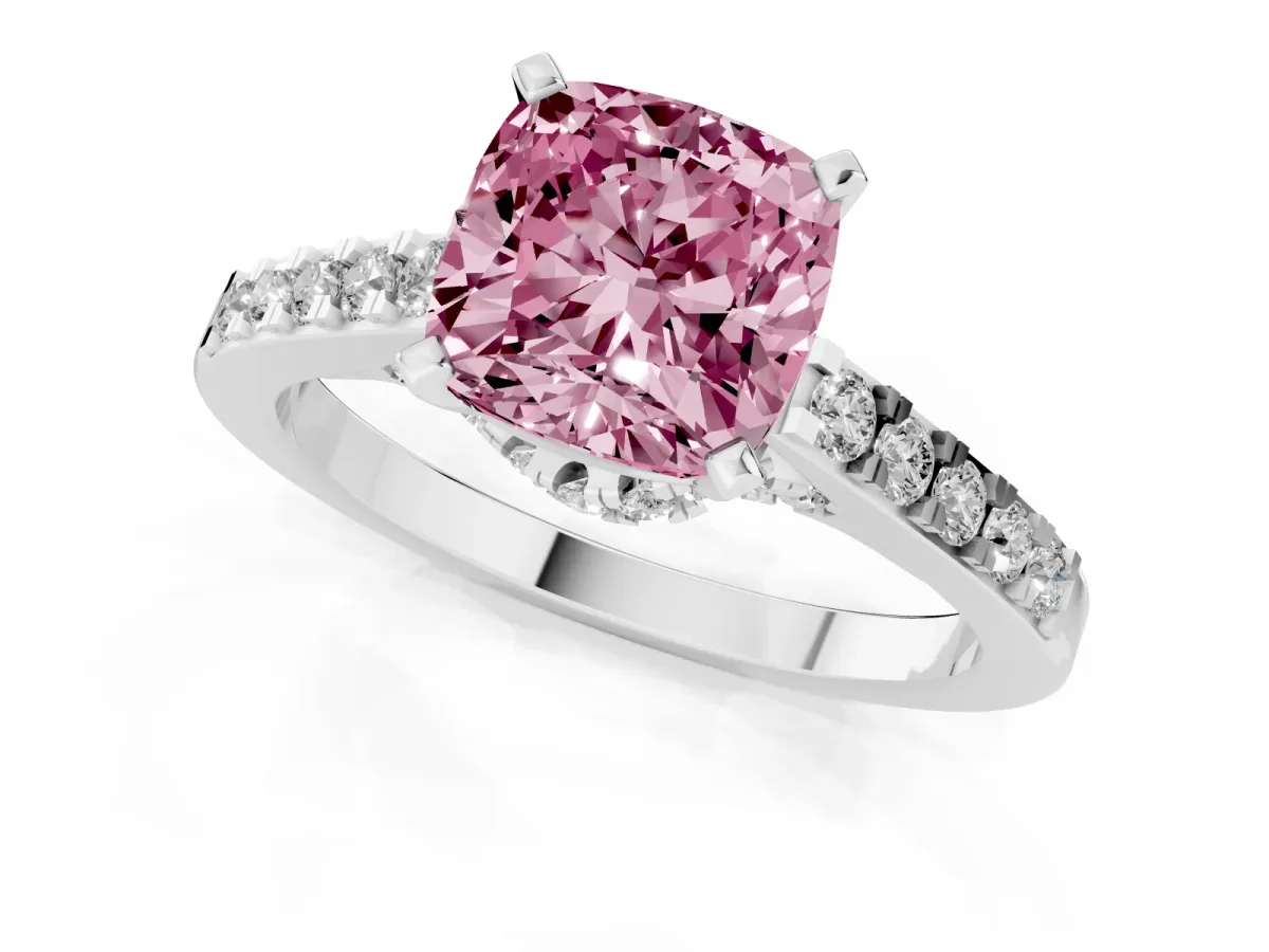 Fancy Pink Cushion Cut Diamond Solitaire Ring with Crossover Gallery and Round Pavé Band White gold