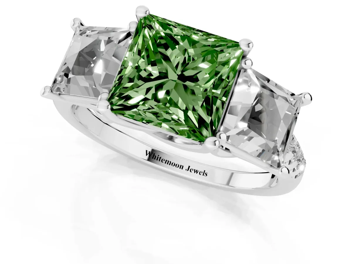 Fancy Green Three-Stone Princess Cut Diamond Ring with Round Pavé Band and Prong Setting Silver