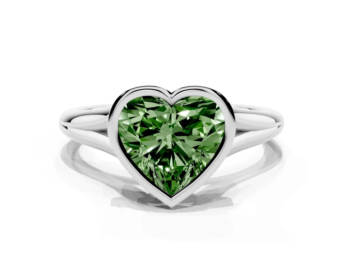 Fancy Green Bezel Set Heart Cut Cut Solitaire Ring with Tapered Band Silver