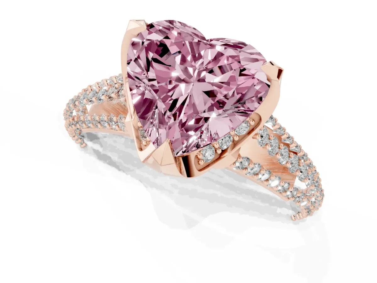 Fancy Pink Heart Cut Solitaire Pave Split Shank Ring with Four-Prong Setting Rose gold