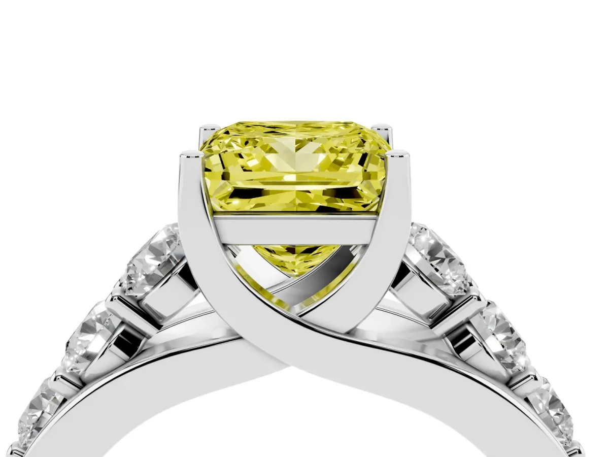 Fancy Yellow Princess Cut Diamond Engagement Ring with Pavé Band and Four-Prong Setting Silver