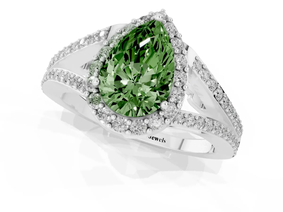 Fancy Green Pear Cut Halo Split Shank Pave Diamond Ring with Four-Prong Setting Platinum