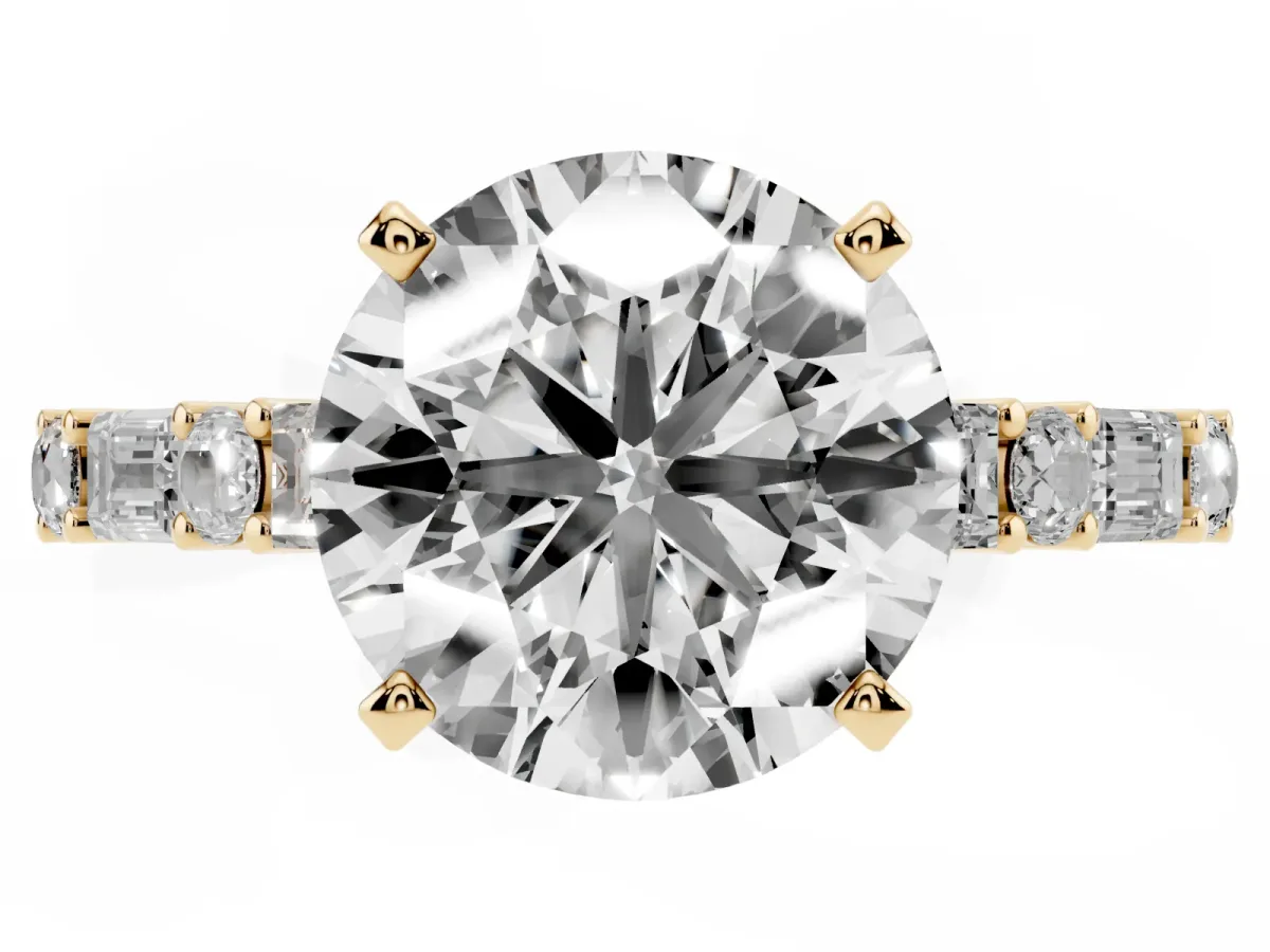 Round Cut Diamond Solitaire with Side Baguettes and Channel Set Band Yellow gold