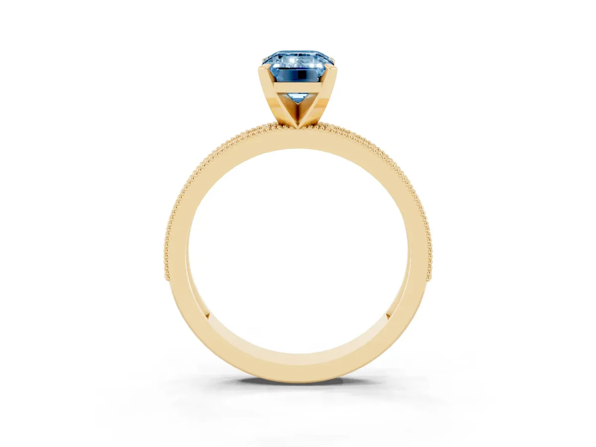 Fancy Blue Emerald Cut Diamond Milgrain Pavé Engagement Ring with Four-Prong Setting Yellow gold