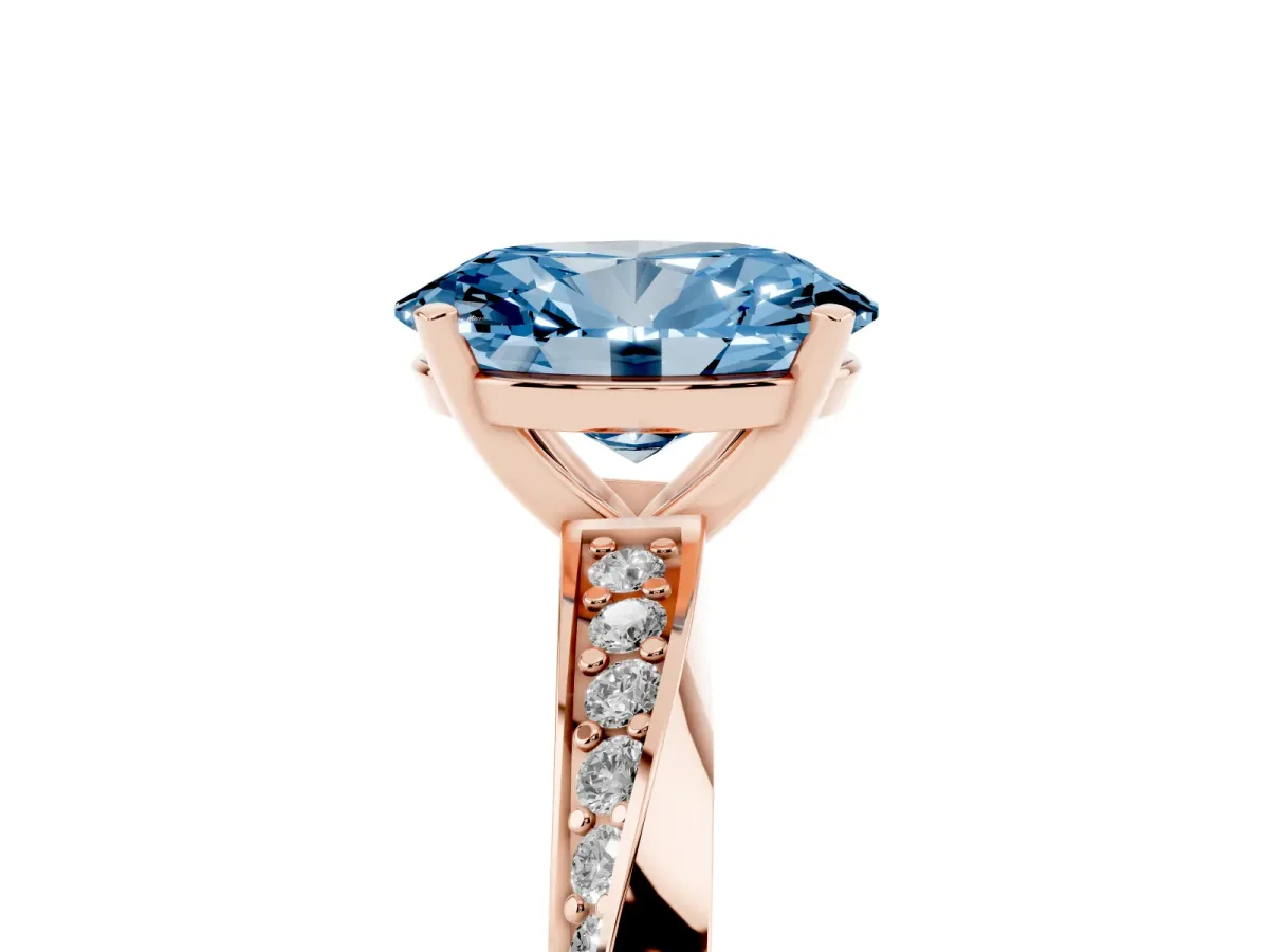 Fancy Blue Oval Cut Diamond Engagement Ring with Side Stone Accents and Four-Prong Setting Rose gold