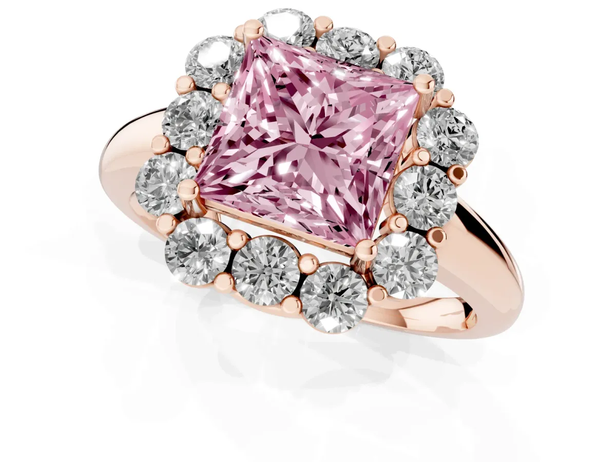 Fancy Pink Princess Cut Halo Milgrain Solitaire with Bezel Set Side Stones and Pave Band Rose gold