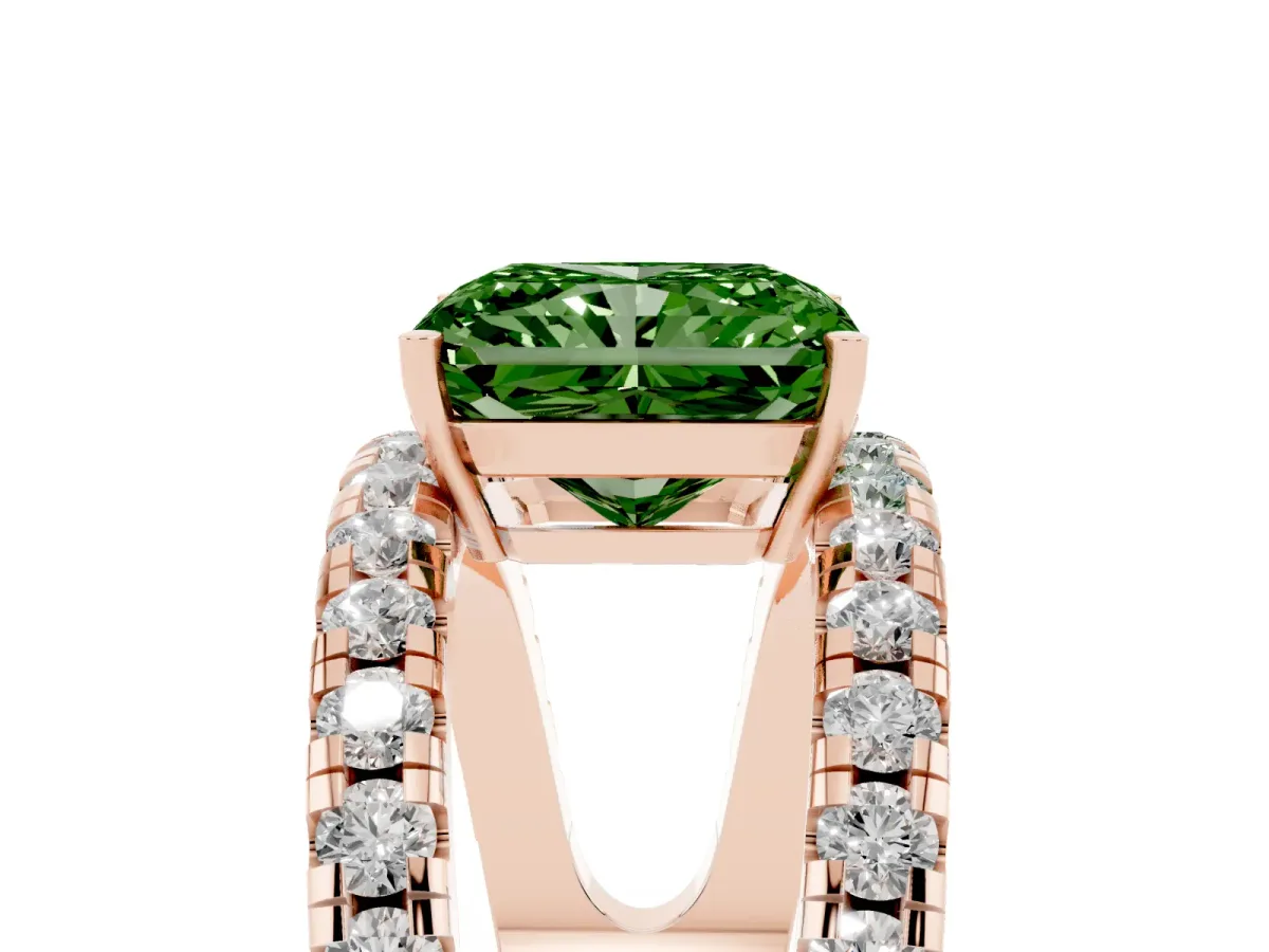 Fancy Green Radiant Cut Solitaire Split Shank Pave Diamond Ring Rose gold