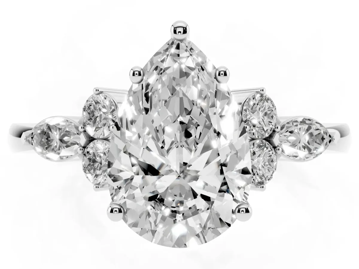 Pear Cut Brilliant Diamond Solitaire Ring with Pear Side Stones and Four-Prong Setting Silver