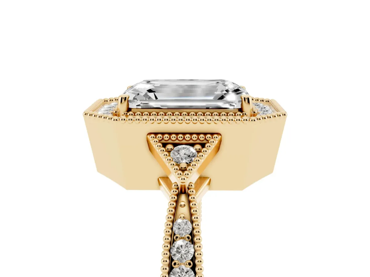 Emerald Cut Halo Round Diamond Milgrain Pave Engagement Ring Yellow gold