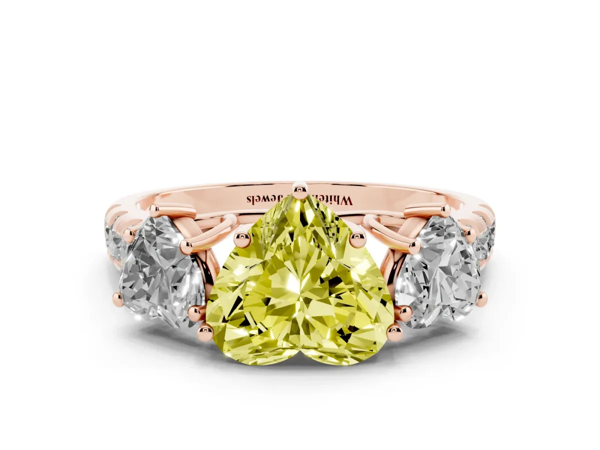 Fancy Yellow Three-Stone Heart Cut Diamond Pavé Band with Prong Setting Rose gold