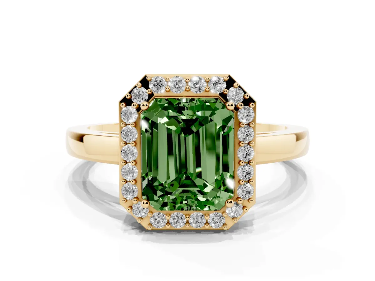Fancy Green Radiant Cut Halo Diamond Ring with Solitaire Band and Prong Setting Yellow gold