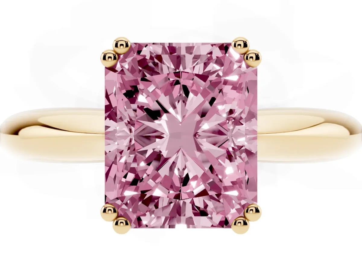 Fancy Pink Radiant Cut Cut Solitaire Engagement Ring with Tapered Band and Four-Prong Setting Yellow gold