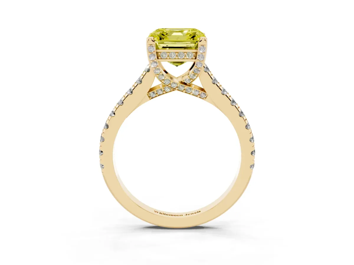 Fancy Yellow Asscher Cut Brilliant Diamond Solitaire with Pavé Band and Four-Prong Setting Yellow gold