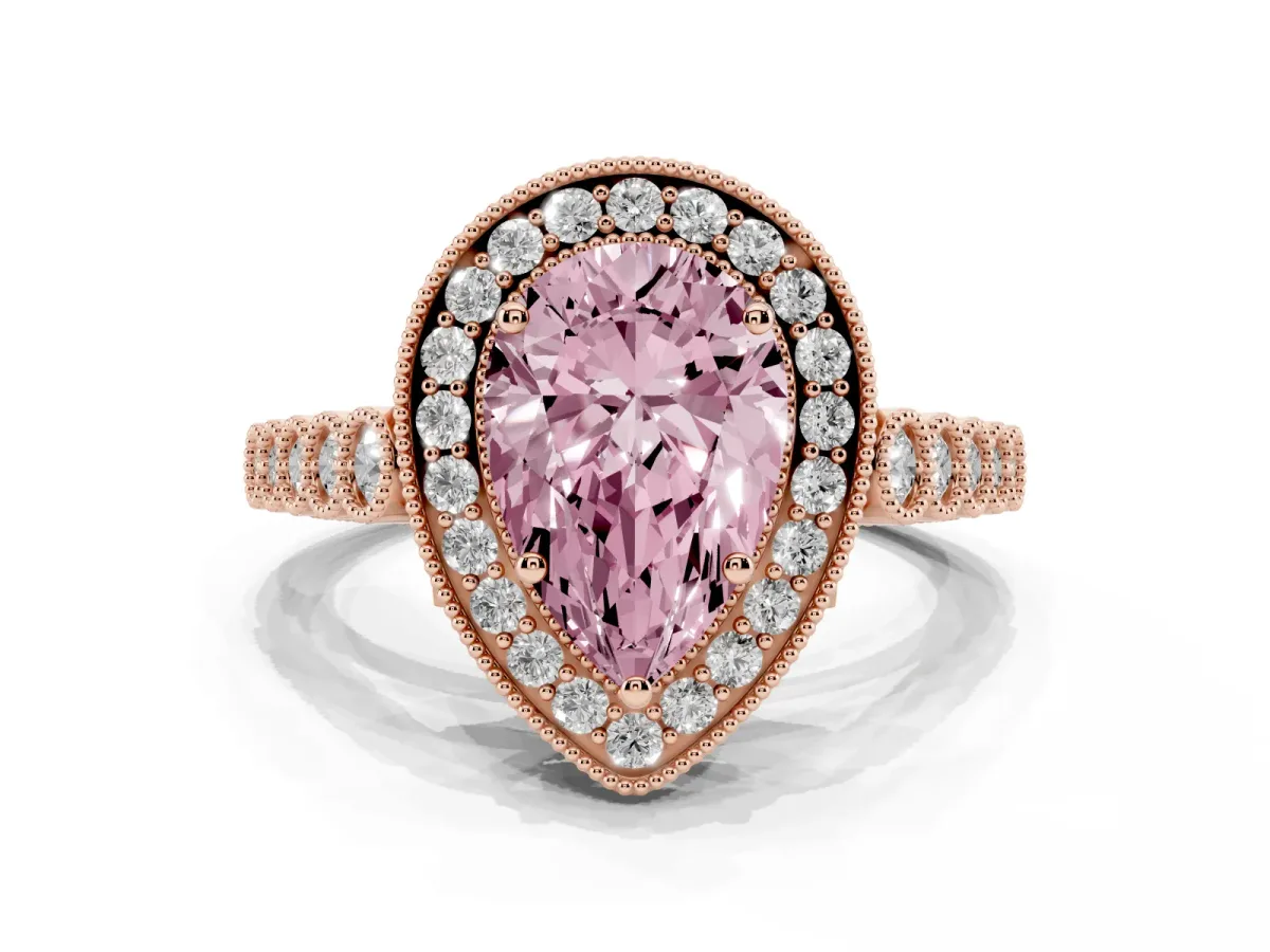 Fancy Pink Pear Cut Halo Milgrain Solitaire with Bezel Set Side Stones and Pave Band Rose gold