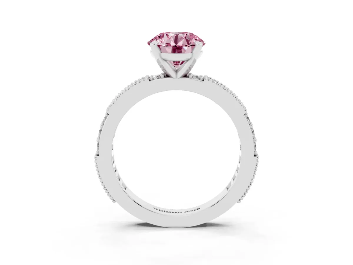 Fancy Pink Round Cut Solitaire with Pavé Band and Four-Prong Setting Silver