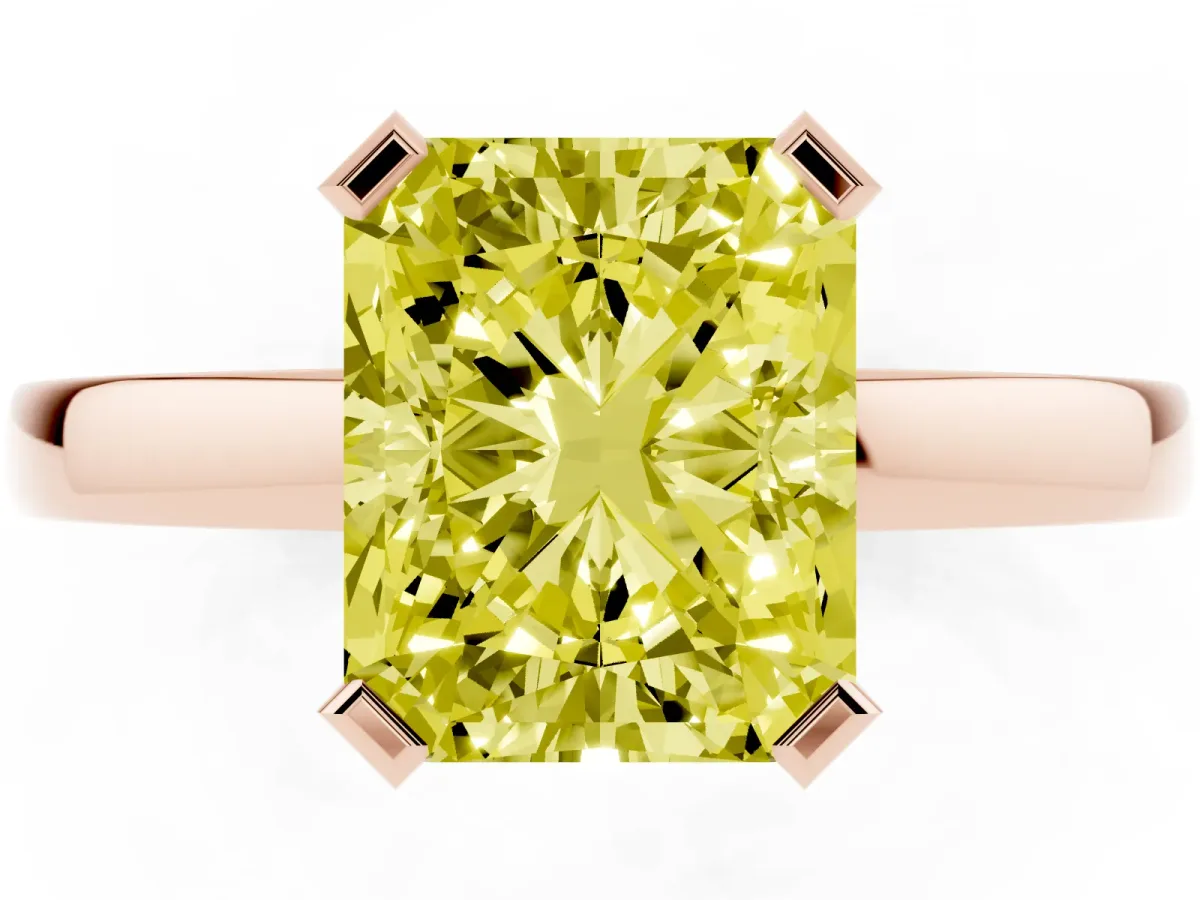 Fancy Yellow Radiant Cut Cut Solitaire Ring with Four-Prong Setting and Classic Band Rose gold