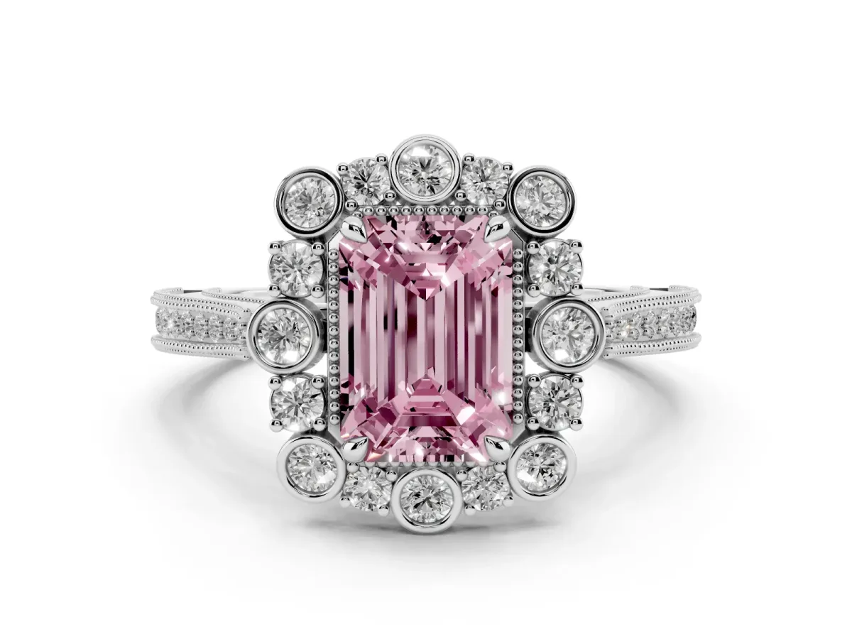 Fancy Pink Emerald Cut Halo Milgrain Pave Diamond Ring with Four-Prong Setting Platinum