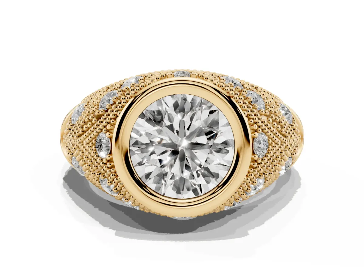 Bezel Set Round Cut Diamond Milgrain Band Ring Yellow gold