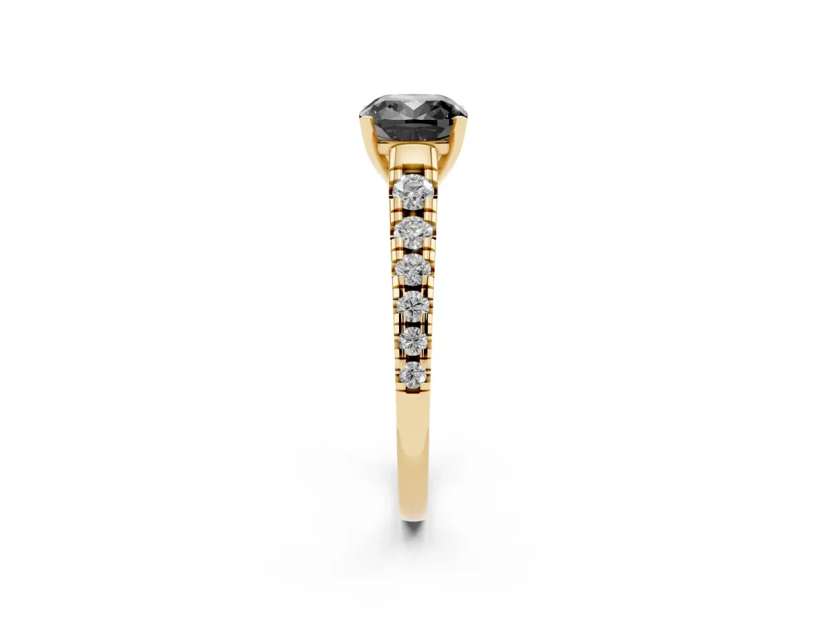 Fancy Black Cushion Cut Diamond Cathedral Solitaire Ring with Round Pavé Band Yellow gold