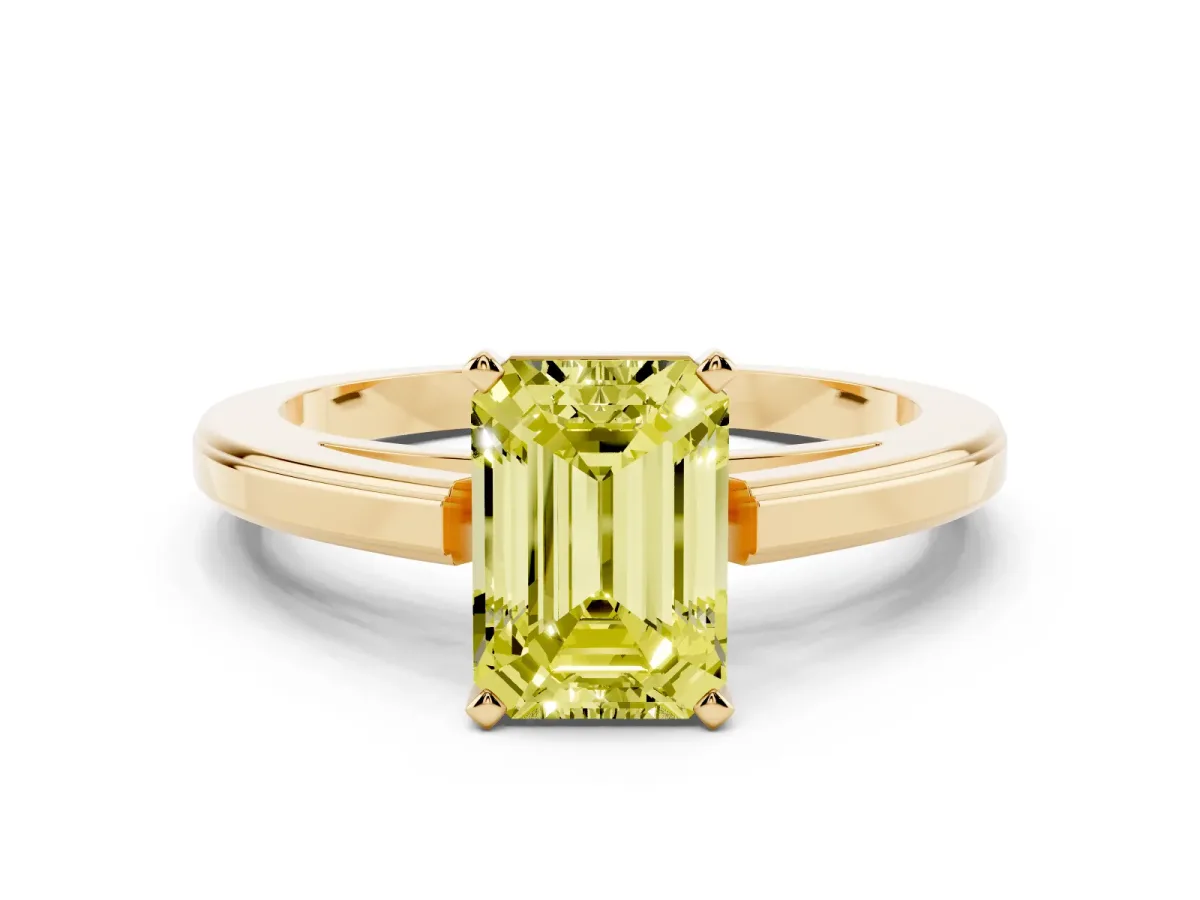 Fancy Yellow Emerald Cut Solitaire Diamond Ring with Four-Prong Setting and Classic Band Yellow gold