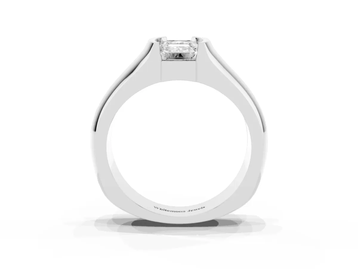 Emerald Cut Solitaire Bezel Set Diamond Ring with Wide Band Silver