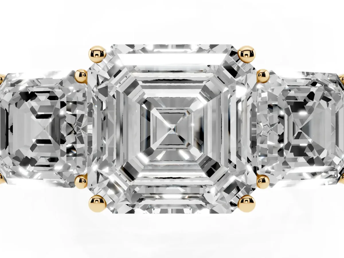 Three-Stone Asscher Cut Cut Diamond Engagement Ring with Flat Band and Four-Prong Setting Yellow gold