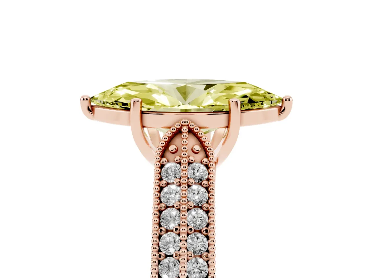 Fancy Yellow Marquise Cut Cut Pave Split Shank Engagement Ring with Four-Prong Setting Rose gold