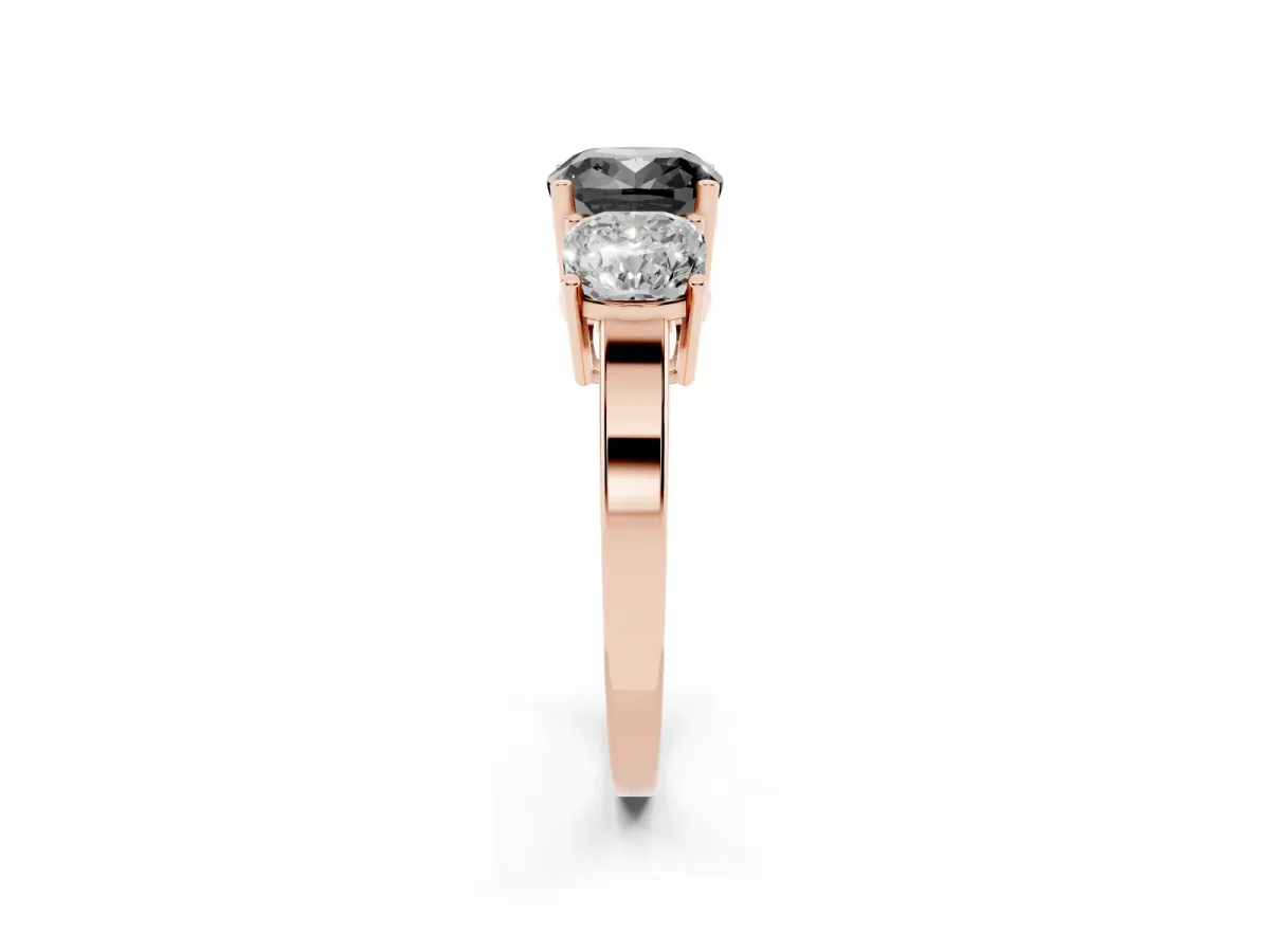 Fancy Black Three-Stone Cushion Cut Cut Diamond Engagement Ring with Flat Band and Four-Prong Setting Rose gold