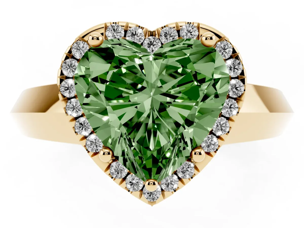 Fancy Green Heart Cut Halo Diamond Ring with Cathedral Band and Four-Prong Setting Yellow gold