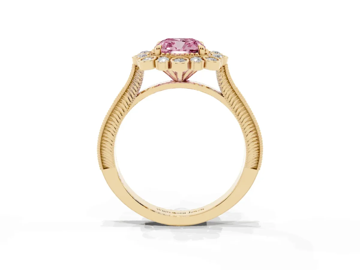 Fancy Pink Cushion Cut Halo Milgrain Pave Diamond Ring with Four-Prong Setting Yellow gold