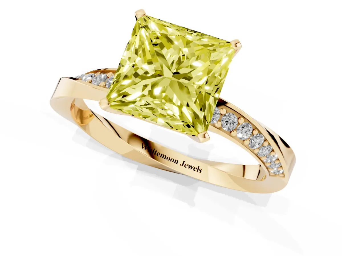 Fancy Yellow Princess Cut Diamond Engagement Ring with Side Stone Accents and Four-Prong Setting Yellow gold