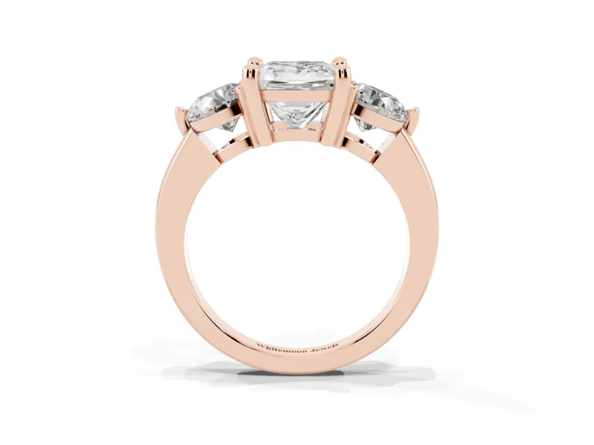 Three-Stone Princess Cut Brilliant Cut Solitaire Ring with Prong Setting on a Classic Band Rose gold